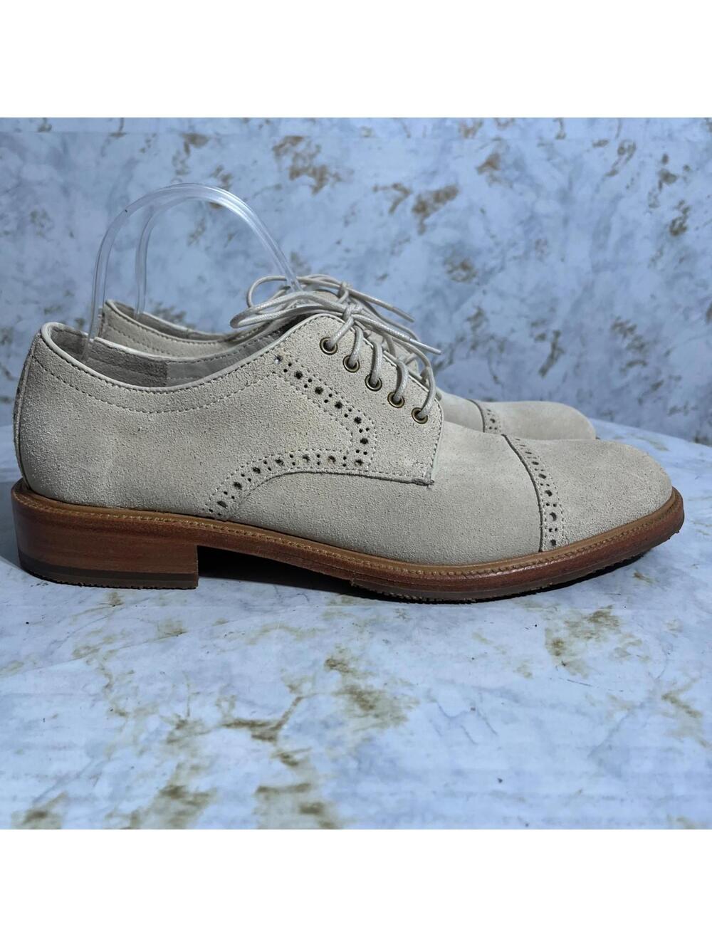 Trask Linwood Mens Size 9M Shoes Beige Brown Suede Brogue Comfort Cap Toe Oxford